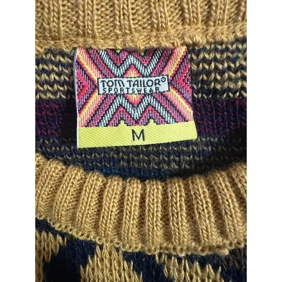 Vintage Tom Tailor Wool Blend Sweater M Made in Italy Geometric Aztec Knit 90s - Picture 3 of 9